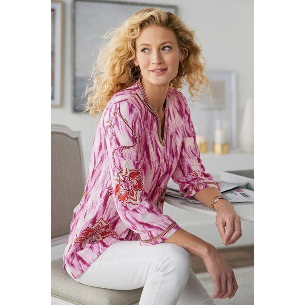 Soft Surroundings XL Altea Top Floral Embroidered Beaded Tie Dye V-Neck Tunic